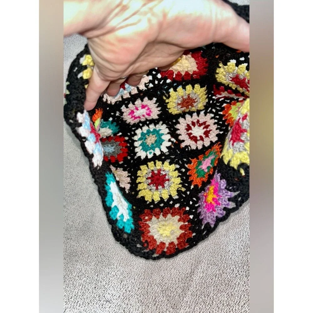 Handmade Crochet Granny Square Tote Bag Purse Bold Multicolor 70’s Hippie Boho
